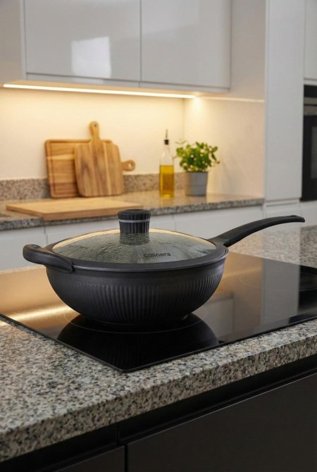 مقلى ووك عميق 32سم - مع غطاة ويد سيليكون WOK